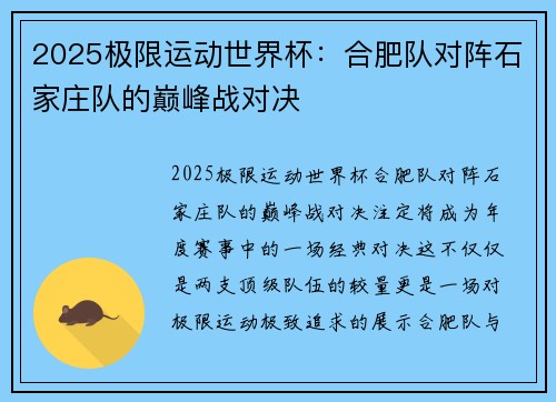 2025极限运动世界杯：合肥队对阵石家庄队的巅峰战对决