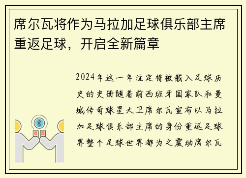 席尔瓦将作为马拉加足球俱乐部主席重返足球，开启全新篇章